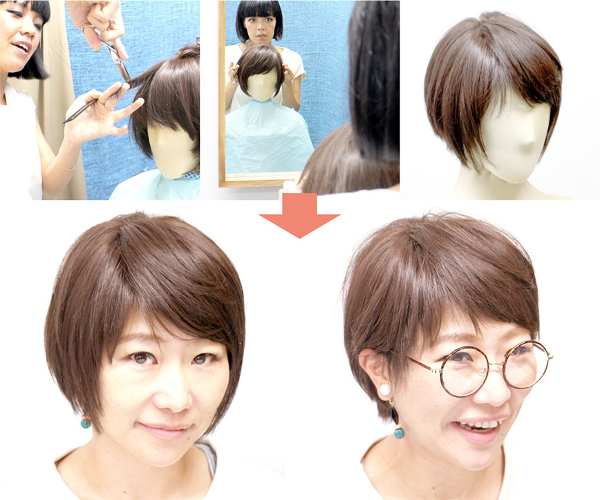 美油脂がウィッグをカットしている様子と、出来上がったウィッグに着用させた画像