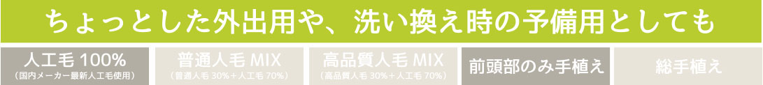 ちょっとした外出や、洗い換えの予備用としても。人工毛100%使用、前頭部手植え